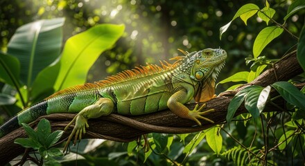 Fototapeta premium Green iguana basking in jungle sunlight