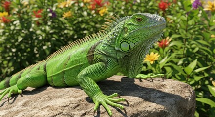 Fototapeta premium Green iguana on a rock amidst flowers