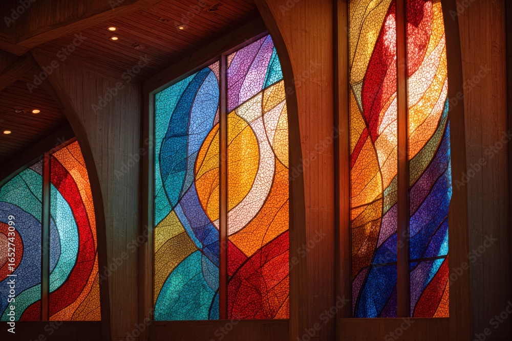 Poster vibrant stained glass windows with abstract patterns in a modern space