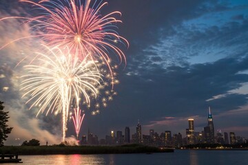 Magnificent fireworks illuminating the city skyline at night, reflecting in the water and creating a vibrant and festive atmosphere for celebration
