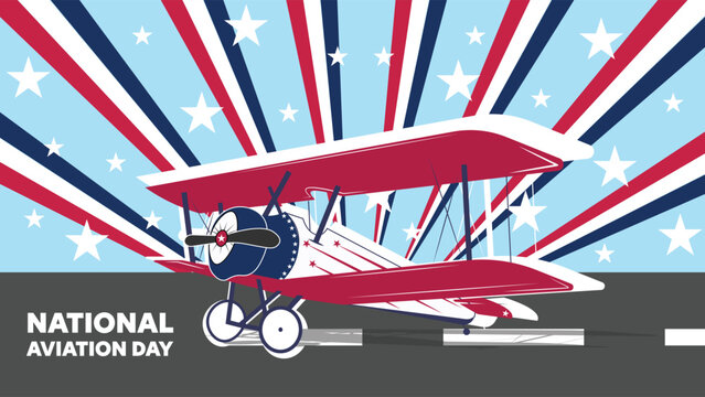 Vintage biplane on a runway celebrating National Aviation Day with a patriotic American flag-themed background. Vector illustration.