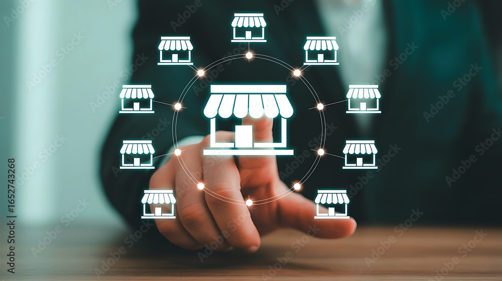 Poster business owner expanding franchise network by connecting multiple store locations digitally on a vir