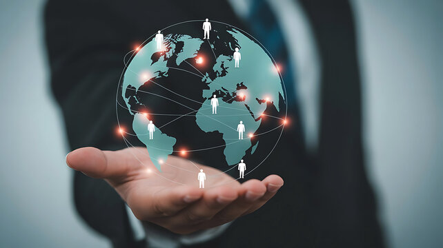 Businessman holding a glowing digital globe with interconnected people icons representing global network
