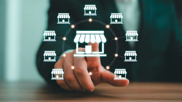 Business owner expanding franchise network by connecting multiple store locations digitally on a virtual interface