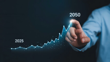 Businessman s finger points to a glowing digital graph showing exponential growth from 2025 to 2050