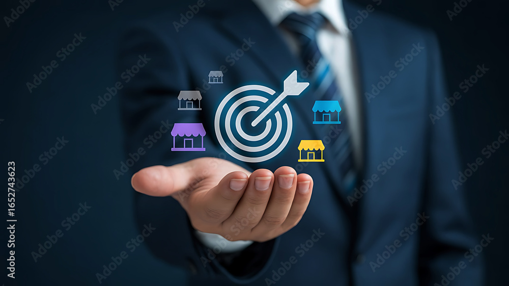 Poster businessman s outstretched hand displaying a target with an arrow and various business icons represe