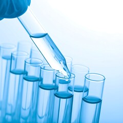 A gloved hand uses a pipette to add liquid to a row of test tubes