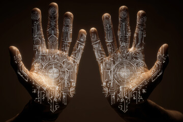 Hands drawing ancient futuristic sigils in the air, glowing lines representing cybersigilism, tribal and gothic fusion.