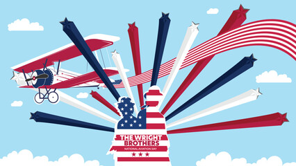 Patriotic tribute to the dawn of American aviation, featuring a vintage biplane and pioneer silhouette against a starburst background.