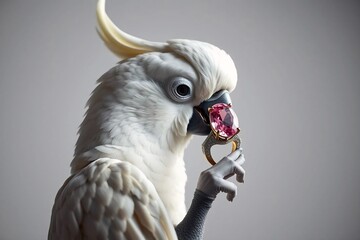 Commercial shot of exotic white cockatoo showcasing premium diamond ring with pink stone, suitable for jewelry advertising.
