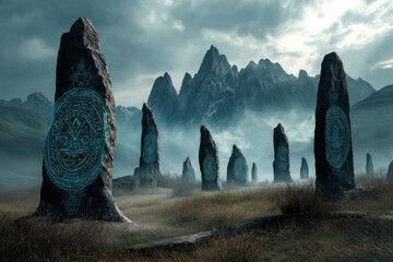 Mystical landscape with digital sigil stones arranged in a sacred pattern, cybersigilism and tribal energy flowing through them, gothic skies.