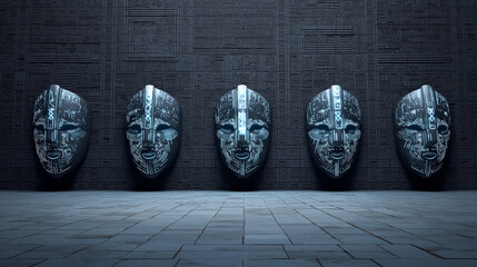 Neo tribal techno masks lined up on a gothic wall, each embedded with glowing cybersigilism runes, futuristic museum setting.