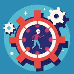 Businessman running in gear wheel. Vector illustration in flat style.