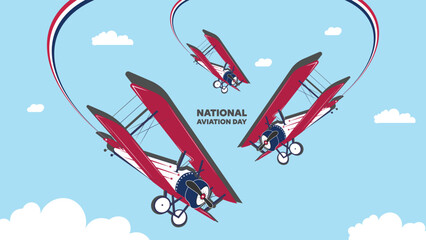 National Aviation Day greeting card with retro biplanes in formation creating a heart shape with smoke trails in a blue sky illustration.