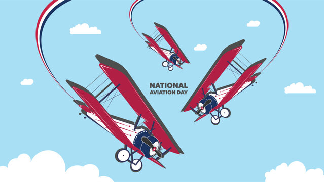 National Aviation Day greeting card with retro biplanes in formation creating a heart shape with smoke trails in a blue sky illustration. - Powered by Adobe