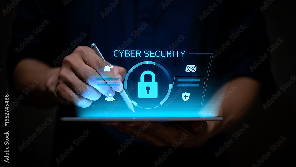 Poster person interacting with digital cyber security interface digital interface technology
