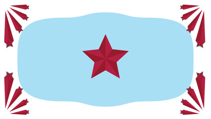 Patriotic red star emblem on a light blue background with corner ray decorations, vector graphic element. 20x3.eps