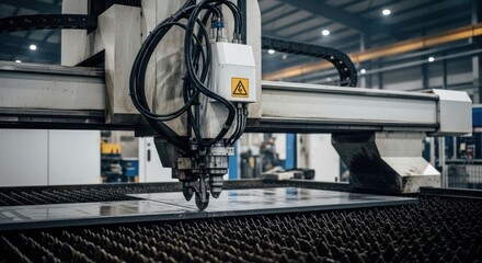 Fototapeta premium Industrial laser cutter, focused on cutting sheet metal