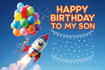 Blast off to fun! Happy birthday son with rocket and balloons soaring through a bright blue sky