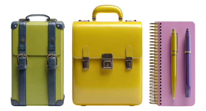 Bright Colored Bags and Stationery Items on Transparent Background