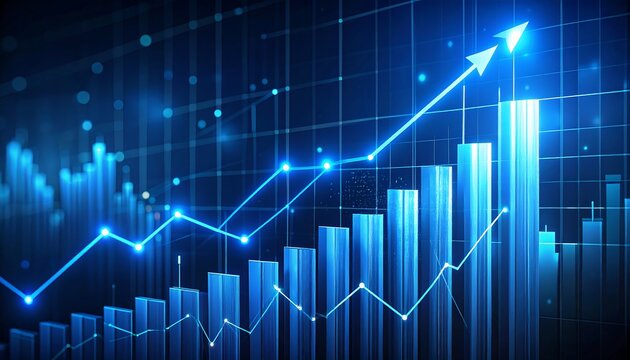 Abstract glowing big data forex candlestick chart on blurry city backdrop. Trade, technology, investment and analysis concept