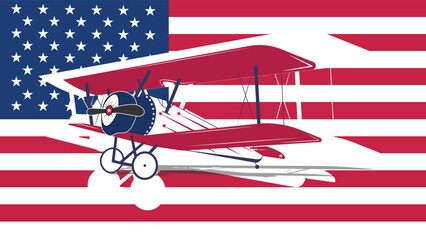 Iconic Vintage Biplane Illustration Against Bold American Flag - A Dynamic Graphic Representation of Classic Aviation and Patriotic Spirit.