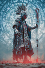 Techno-shaman surrounded by floating glyphs, tribal cyber-staff in hand, gothic energy rising from the ground.