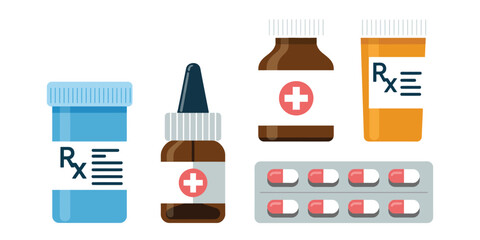 Collection of pharmaceutical items—prescription bottles, dropper, blister pack, and medicine containers representing healthcare and treatment