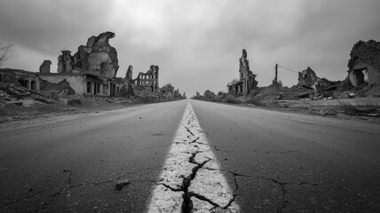 Abandoned town road with crumbling buildings