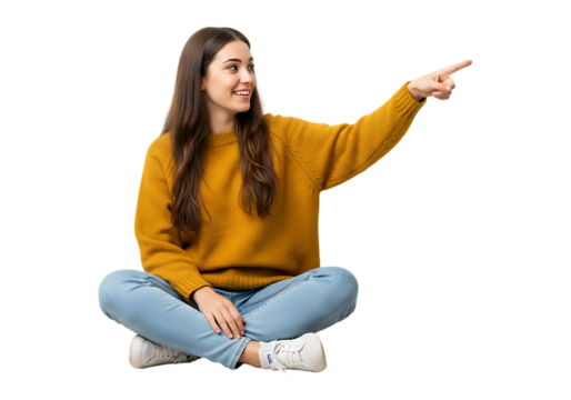 Young woman sitting cross legged pointing to the side isolated on transparent background