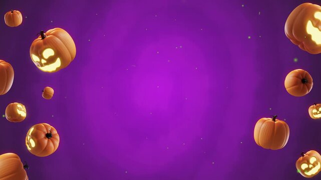 intro. Halloween flying jack-o-lanterns on purple gradient background. CG animated scene of glowing carved pumpkins floating over a purple gradient background perfect for Halloween motion graphics.