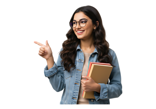 Young woman student holding books pointing to the side isolated on transparent background