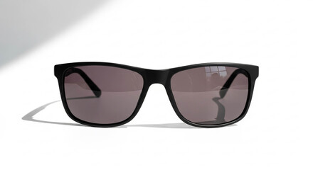 Black Frame Sunglasses with Dark Reflective Lenses and Shadow on White Surface