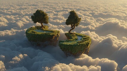 Floating Pixel Art Islands In Cloudscape At Sunrise