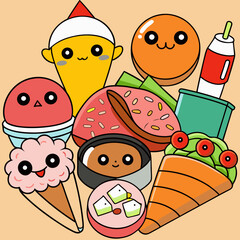 A delightful collection of cute kawaii food characters in a playful arrangement on a soft peach background