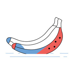 Abstract illustration of a stylized banana with geometric shapes and dots in red and blue colors