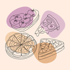 Abstract line art food illustration featuring pizza tomatoes and citrus slices with pastel shapes