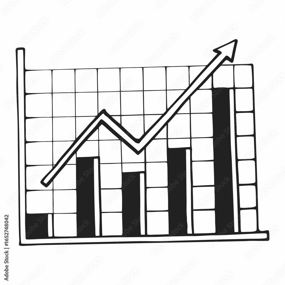 Poster hand drawn black and white bar graph with an upward trending arrow and grid lines