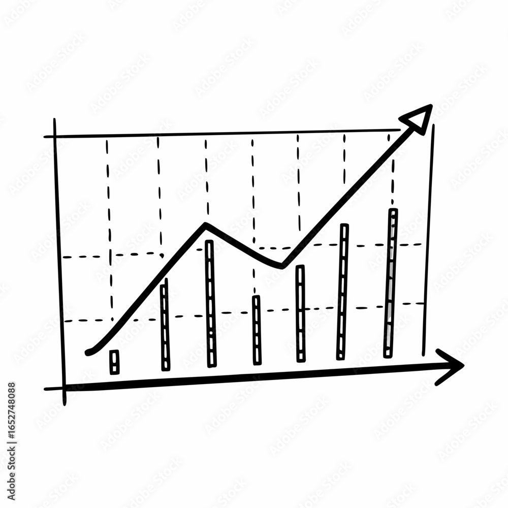 Poster hand drawn sketch of a bar chart with a rising line graph and an upward trending arrow indicating gr