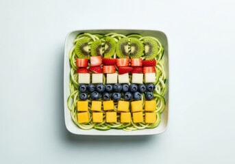 Photo of a square white bowl filled with colorful spiralized zucchini noodles topped with layers of fresh fruit including strawberries, blueberries, and mango cubes.