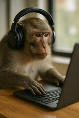 Monkey's Digital Era: A thoughtful monkey dons headphones while engrossed in a laptop, capturing a unique perspective of technology's influence on even the most unexpected users.