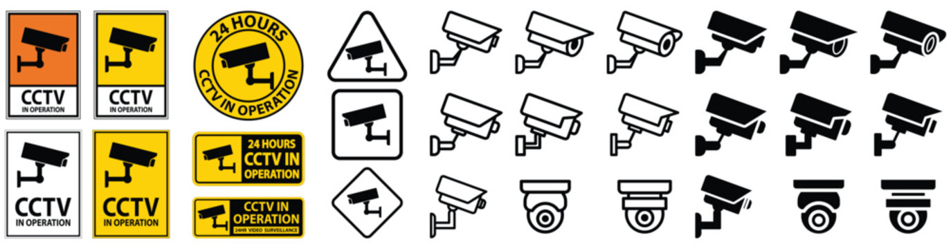 Various CCTV Security Camera Signs and Icons for Surveillance Use