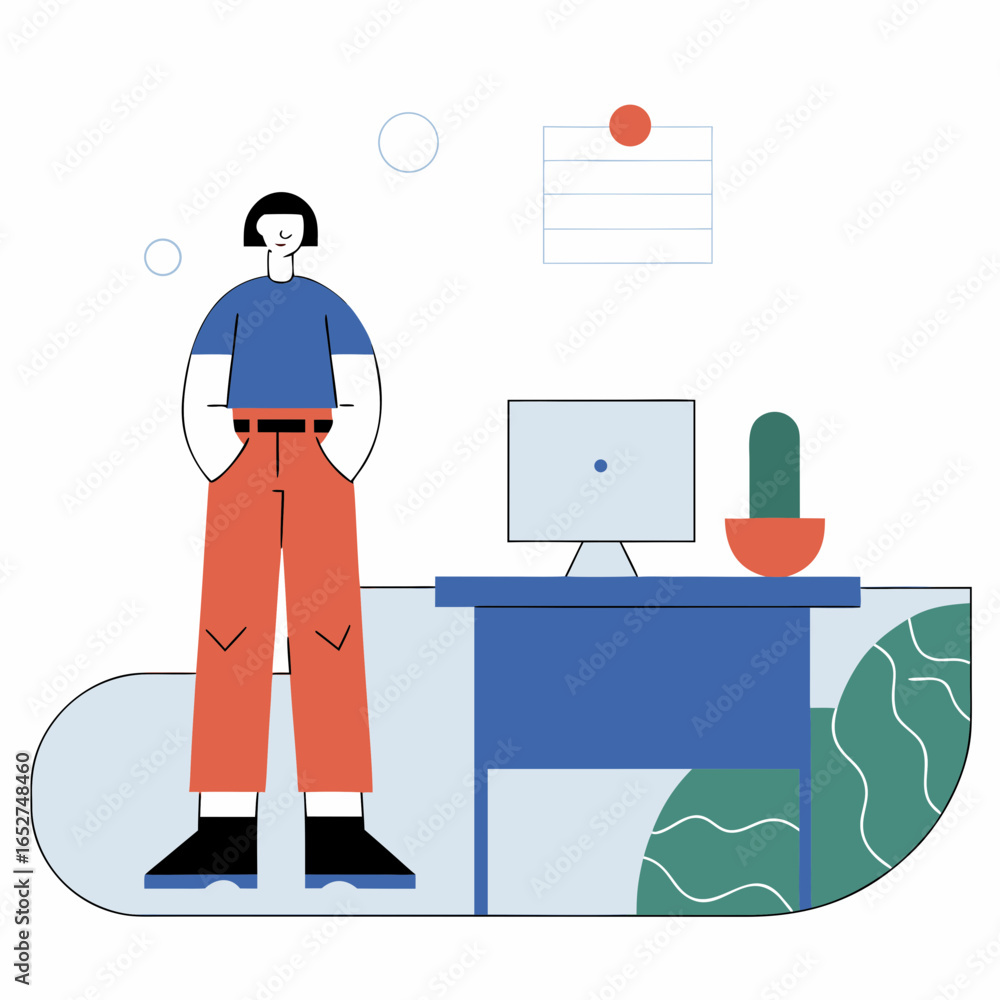 Aufkleber modern flat illustration of a person standing next to a desk with a computer and cactus in a minimal