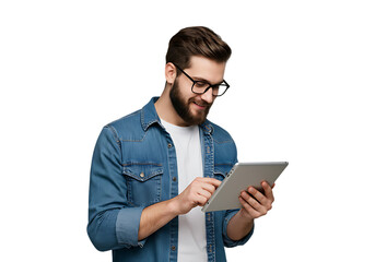 Man with beard and glasses using a tablet isolated on transparent background