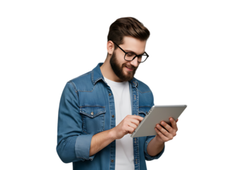 Man with beard and glasses using a tablet isolated on transparent background