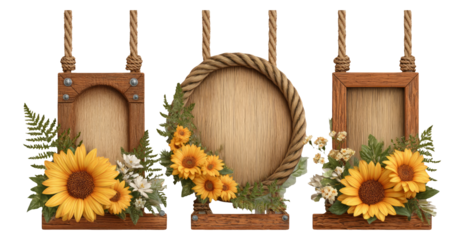Beautiful Wooden Frames with Sunflowers on Transparent Background
