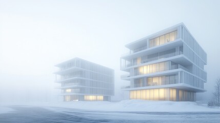 Unique architecture glowing softly in winter fog