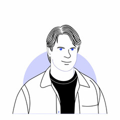 Modern line art portrait of a smiling young man with blue eyes and stylish hair