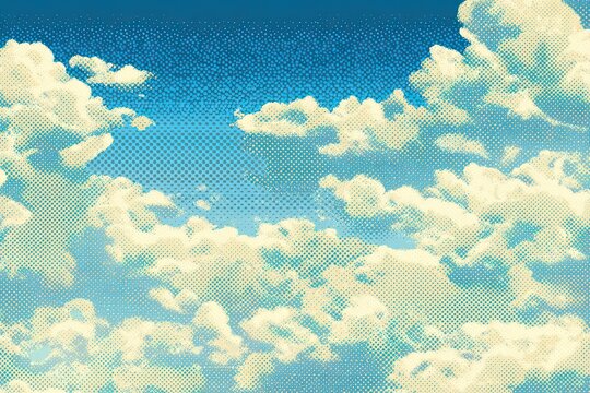 Pixelated cloudscape. A vibrant, pixelated view of a partly cloudy sky.  Soft, pastel colors depict fluffy, cumulus clouds against a vibrant blue sky. 