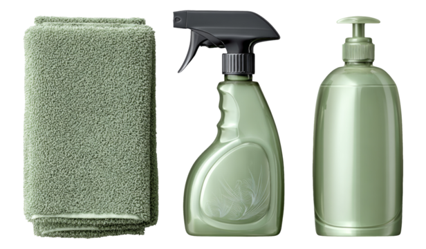 Isolated Green Cleaning Supplies on Transparent Background